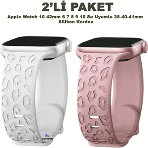 Apple Watch 10 42MM – 6 7 8 9 10 Se Uyumlu 38-40-41MM Leopar Desenli 2'li Silikon Kordon Seti