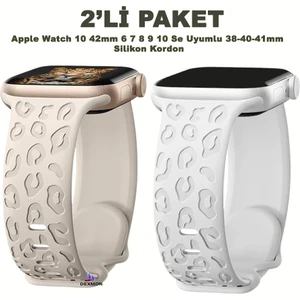 Apple Watch 10 42MM – 6 7 8 9 10 Se Uyumlu 38-40-41MM Leopar Desenli 2'li Silikon Kordon Seti