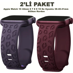 Apple Watch 10 42MM – 6 7 8 9 10 Se Uyumlu 38-40-41MM Leopar Desenli 2'li Silikon Kordon Seti