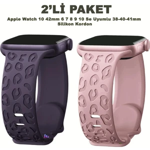 Apple Watch 10 42MM – 6 7 8 9 10 Se Uyumlu 38-40-41MM Leopar Desenli 2'li Silikon Kordon Seti