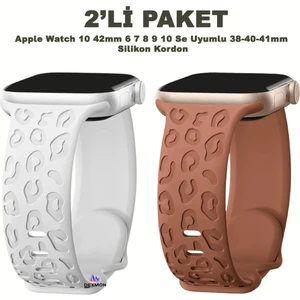 Apple Watch 10 42MM – 6 7 8 9 10 Se Uyumlu 38-40-41MM Leopar Desenli 2'li Silikon Kordon Seti