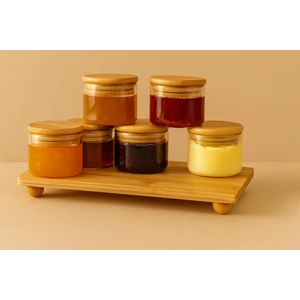 Noah Exclusive 7 Parca Borosilikat Cam Bambu Kapaklı-Bambu Tahta Sunumlu Recellik Seti-Cam Kahvaltı Takımı