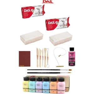 DAS Seramik Kili ve Artdeco Akrilik Boya Seti – Pastel Renkler, Ahşap Ebeşuar, Zımpara, Fırça, Kesme Teli, Vernik, 500 g + 6×75 ml