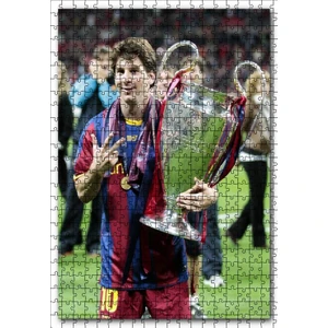 Barcelona Formalı Messi Şampiyonluk Kupası 120 Parça Puzzle Yapboz Mdf (Ahşap)