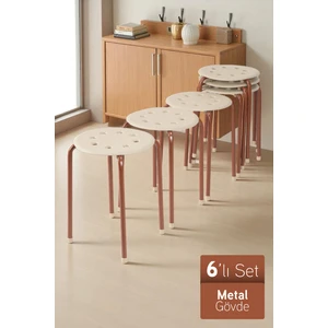 Otto Metal Gövdeli Modern Tabure Mutfak Bahçe Taburesi - 6 Adet Krem