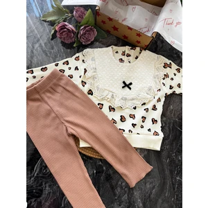 Kalpli Leopar Baskılı Yaka Detaylı Kız Bebek Takım