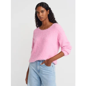 10806 Kayık Yaka Yumuşak Dokulu Triko Kazak-Pembe