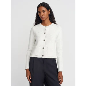 60935 Bisiklet Yaka Pullu Simli Düğmeli Triko Hırka-Ekru