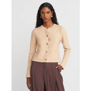 60935 Bisiklet Yaka Pullu Simli Düğmeli Triko Hırka-Bej