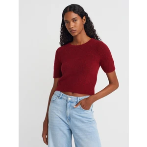 10651 Bisiklet Yaka Yumuşak Dokulu Kısa Kol Triko Kazak-Açık Bordo