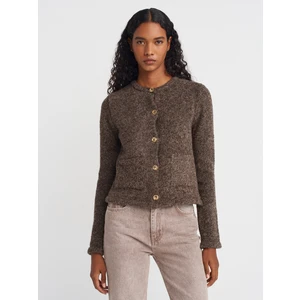 60923 Bisiklet Yaka Buklet Cepli Düğmeli Triko Hırka-Kahve