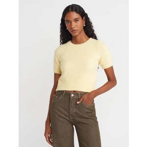 10651 Bisiklet Yaka Yumuşak Dokulu Kısa Kol Triko Kazak-Açık Sarı