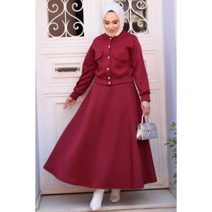 Düğmeli Bordo Tesettür Etekli Ikili Takım 12261BR