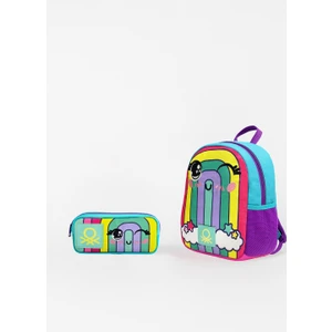 Gökkuşağı Desenli İkili Anaokul Çantası Seti(Anaokul Sırt Çantası, Çift Gözlü Kalem Kutusu)