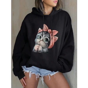 Kadın Sevimli Kedi Baskılı Kapüşonlu Gri Siyah Sweatshirt Oversize Salaş