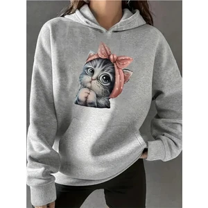 Kadın Sevimli Kedi Baskılı Kapüşonlu Gri Siyah Sweatshirt Oversize Salaş