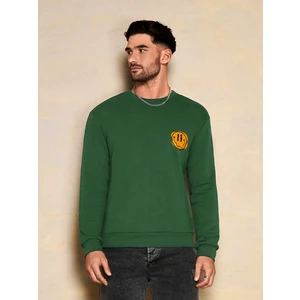 Erkek Yeşil Bisiklet Yaka Gülen Yüz Baskılı Uzun Kol T-Shirt