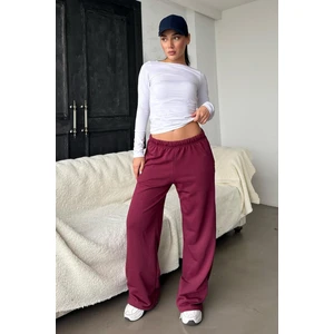 Bordo Bol Paça Kadın Eşofman Altı %65 Pamuk %35 Polyester Geniş Paça Tasarım