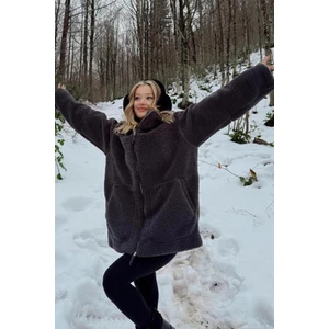 Füme Dik Yakalı Cepli Peluş Mont MG1966