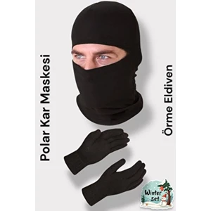 Siyah Termal Kışlık Polar Kar Maskesi ve Örme Eldiven Seti