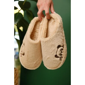 Panda Nakışlı Kadın Ev Terliği Peluş Terlik Çeyiz ve Bohça Terliği Ses Yapmaz Kalın Taban