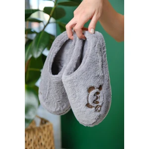 Panda Nakışlı Kadın Ev Terliği Peluş Terlik Çeyiz ve Bohça Terliği Ses Yapmaz Kalın Taban