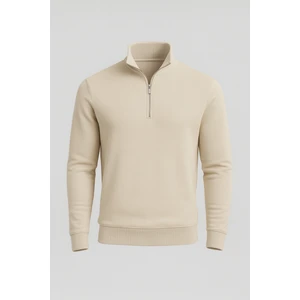 Selanik Örme Kumaş Yarım Fermuar Erkek Sweatshirt - Taş