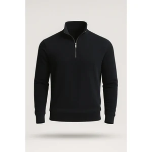 Selanik Örme Kumaş Yarım Fermuar Erkek Sweatshirt - Siyah