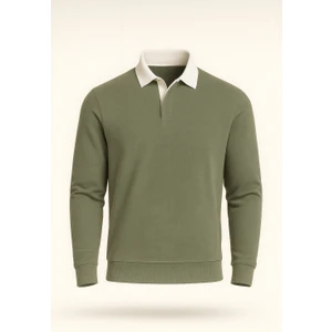 Luis Polo Yaka Selanik Örme Kumaş Erkek Sweatshirt - Açık Haki