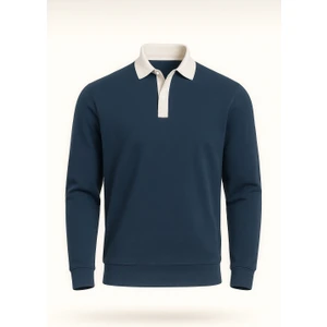 Polo Yaka Selanik Örme Kumaş Erkek Sweatshirt - Indigo