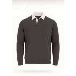 Polo Yaka Selanik Örme Kumaş Erkek Sweatshirt - Füme