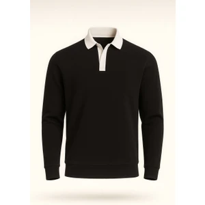 Luis Polo Yaka Selanik Örme Kumaş Erkek Sweatshirt - Siyah