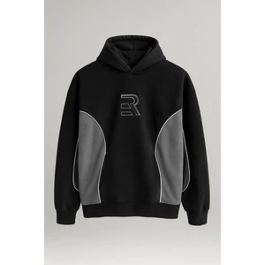 Frank Parçalı Kontrast Desenli Kapüşonlu Oversize Cepli Polar Erkek Sweatshirt - Siyah