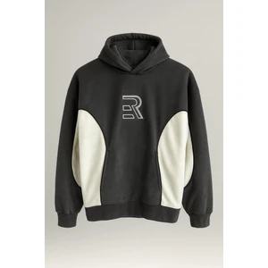 Frank Parçalı Kontrast Desenli Kapüşonlu Oversize Cepli Polar Erkek Sweatshirt - Füme