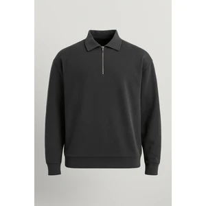 Scuba Modal Kumaş Relaxed Fit Yarım Fermuarlı Polo Yaka Erkek Sweatshirt - Siyah