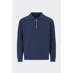 Scuba Modal Kumaş Relaxed Fit Yarım Fermuarlı Polo Yaka Erkek Sweatshirt - Lacivert