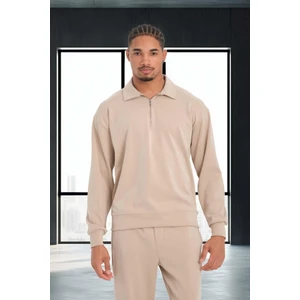 Scuba Modal Kumaş Relaxed Fit Yarım Fermuarlı Polo Yaka Erkek Sweatshirt - Bej