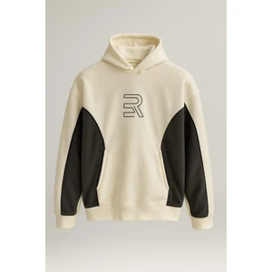 Frank Parçalı Kontrast Desenli Kapüşonlu Oversize Cepli Polar Erkek Sweatshirt - Ekru