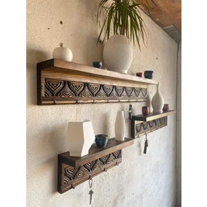 Ahşap Oyma Askılıklı Duvar Rafı