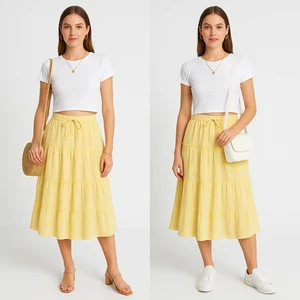 %100 Pamuk Müslin Sarı Kat Kat Etek – Lastikli Bel, Bağcıklı Yazlık Kadın Etek