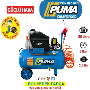 Hava Kompresörü 50 lt (Yağlı) 50 litre Kompresör 5 metre hava hortumu ve Hava Tabancası HEDİYE