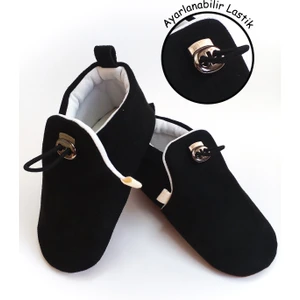 Siyah Kadife Kaydırmaz Taban, Ayarlanabilir Lastikli Bebek Patik, Kreş Ayakkabısı, Ev Botu Panduf