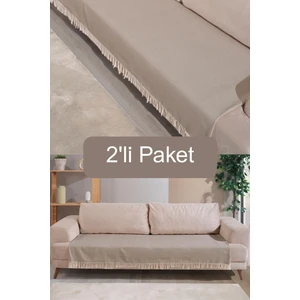 Bej Pamuklu 2'li Koltuk Örtüsü 115X200 Önden Saçaklı Çizgili Desenli
