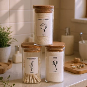 Luvo - 3'lü Kare Ahşap Vakum Kapaklı Banyo Düzenleyici Plastik Banyo Seti Etiketli Banyo Organizeri