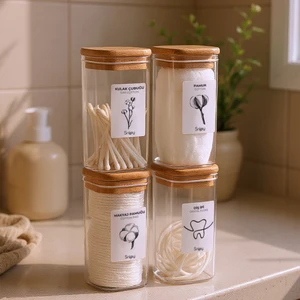 Luvo - 4'lü Kare Ahşap Vakum Kapaklı Banyo Organizeri Plastik Banyo Seti Etiketli Düzenleyici 350 ml