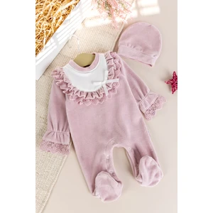 Güpürlü Pamuklu Kışlık Kadife Kız Bebek Tulum Set