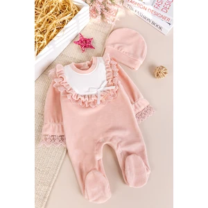 Güpürlü Pamuklu Kışlık Kadife Kız Bebek Tulum Set