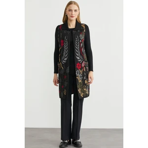 Renkli Çiçek Motifli Yünlü Uzun Triko Yelek - Siyah