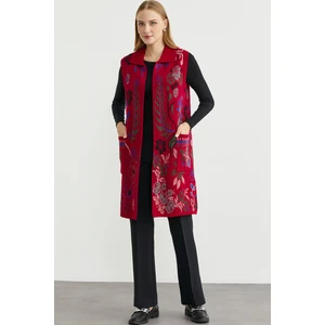 Renkli Çiçek Motifli Yünlü Uzun Triko Yelek - Kırmızı