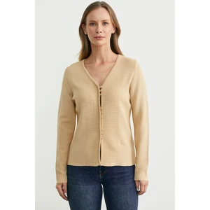 Düğme Kapamalı V Yaka Triko Hırka - Bej